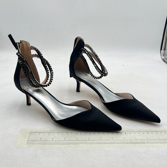 FOWT Black Pointed Toe Rhinestones Ankle Strap Sandals Kitten Heel D'Orsay Pumps - Picture 4 of 8